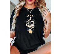 Shein 1pc Women's Fashion Casual Crew Neck T-Shirt with Geometric Snake and Moon Pattern, Polyester 95% Spandex 5% Knit Fabric, Medium Stretch, All-Season C