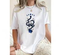 Shein 1pc Women's Fashion Casual Crew Neck T-Shirt with Geometric Snake and Moon Pattern, Polyester 95% Spandex 5% Knit Fabric, Medium Stretch, All-Season C