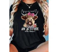 Shein 1pc Women's Fashion Crew Neck T-Shirt with Highland Cow Print, Casual Cotton Knit Fabric, Medium Stretch, Animal Pattern, All-Season Comfort Fit