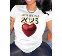 Shein 1pc Women'S Fashionable Crew Neck T-Shirt with Happy New Year 2025 Heart Print, Casual Geometric-Patterned Short Sleeve Top, Knit Polyester Fabric, Me