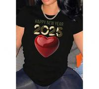 Shein 1pc Women'S Fashionable Crew Neck T-Shirt with Happy New Year 2025 Heart Print, Casual Geometric-Patterned Short Sleeve Top, Knit Polyester Fabric, Me