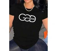 Shein 1pc Women'S Fashionable Short Sleeve T-Shirt with "GOD IS GOOD" Lettering, Casual Crew Neck, Polyester 95% Spandex 5% Knit Fabric, Medium Stretch, All