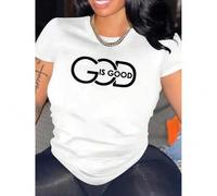 Shein 1pc Women'S Fashionable Short Sleeve T-Shirt with "GOD IS GOOD" Lettering, Casual Crew Neck, Polyester 95% Spandex 5% Knit Fabric, Medium Stretch, All