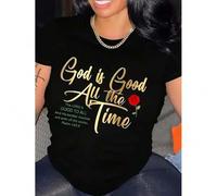 Shein 1pc Women's Inspirational Black Cotton T-Shirt with "God is Good All The Time" Monogram Print, Crew Neck, Short Sleeve, Knit Fabric, Medium Stretch, A