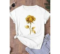 Shein 1pc women's short-sleeved round-neck T-shirt with a golden floral print. Soft, comfortable, breathable and skin-friendly, summer. It is fashionable an