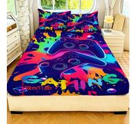 Shein 2/3 piezas Sábanas para niños con estampado de controlador de juegos de graffiti neón colorido, tela de poliéster con estilo de juego genial, adecuado