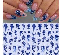 Shein 2 hojas de pegatinas de arte de uñas 3D con relieve en azul océano, con diseños de vida marina como ballenas, medusas y estrellas de mar, decoraciones