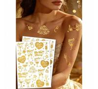Shein 2 hojas de pegatinas de tatuajes temporales de oro con brillo para bodas - Diseño de anillo de diamante, corazón, letra y estrella para parejas, fiest