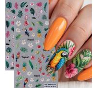 Shein 2 hojas de pegatinas de uñas 3D con estilo tropical, autoadhesivas con diseños de flores y hojas de verano, y loros y tucanes, decoraciones de arte de