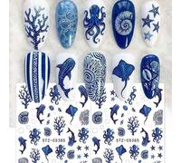 Shein 2 hojas de pegatinas de uñas con tema del océano azul, que incluyen pulpo, ballena, concha, estrella de mar, coral, burbujas, decoración de arte de uñ