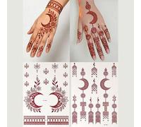 Shein 2 hojas de tatuajes temporales de henna con diseños de luna y flor en color granate - Diseños de mehndi para fiestas y festivales, maquillaje corporal