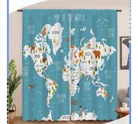 Shein 2 paneles de cortinas interactivas del mapa del mundo para niños - Cortinas de aprendizaje de continentes coloridos con iconos de animales, decoración