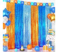 Shein 2 paquetes de 3,3 pies x 6,6 pies Decoraciones de fiesta de cumpleaños de perro azul, serpentinas metálicas de lentejuelas naranja y azul para fondo d