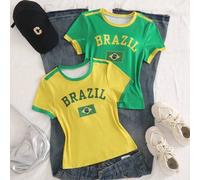 Shein 2 paquetes de camisetas de manga corta con estampado de bandera para niñas adolescentes, cómodas y ligeras de cuello redondo, conjunto de 2 piezas en