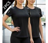 Shein 2 paquetes de camisetas de mujer con estampado de letras de cuello redondo y manga corta para exteriores, top atlético negro, camiseta básica de entre