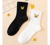 Shein 2 pares de calcetines de media caña con patrón divertido de Pikachu de la serie Pokémon bordado para hombres, unisex, adecuados para deportes, todas l