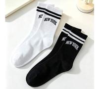 Shein 2 pares de calcetines unisex estilo deportivo New York Brooklyn para parejas, color de contraste negro & blanco con diseño de letras y rayas audaces,