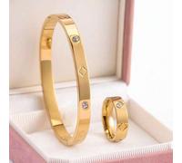 Shein 2 piezas/1 pieza Set de pulsera dorada de lujo antioxidante, pulsera de trébol de circonita de moda para mujer, 1 pieza pulsera, 1 pieza anillo, set d