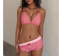 Shein 2 piezas Bikini sexy y de moda de color rosa, con estampado de guinga y decoración de lazo, traje de baño elegante para mujer para verano, playa, fies