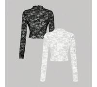 Shein 2 piezas Blusa de manga larga transparente de encaje blanca y negra, ropa de otoño/invierno para mujer, Halloween, fiesta, elegante, gótica, chic. Blu