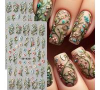 Shein 2 piezas Calcomanías de arte de uñas 5D con relieve de hojas de vid verde y ramos florales, diseños de flores de 5 pétalos coloridos y brillantes para