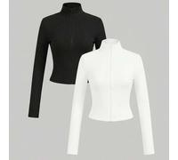 Shein 2 piezas Camiseta de manga larga con cremallera 97% algodón para mujer, adecuada para otoño/invierno, para capas, casual y deportiva, deportes, fitnes