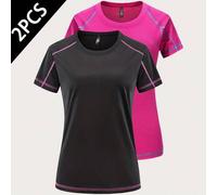 Shein 2 piezas Camiseta deportiva de secado rápido para mujer, camiseta de entrenamiento con mangas cortas transpirable y que absorbe la humedad para fitnes