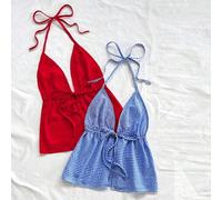 Shein 2 piezas Camiseta sin espalda con escote en V y lazo, con textura y estampado de leopardo, en color rojo, ideal para vacaciones, citas, tardes de té,