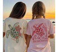 Shein 2 piezas Camisetas con gráfico de tortuga marina para niñas, diseño de flor tropical y "Salvemos a nuestras tortugas", camisetas de cuello redondo de