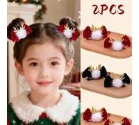 Shein 2 piezas Clips de lazo de terciopelo con decoración de cuernos de reno con strass para niñas, lazos de pelo rojos, pasadores de pelo negros, accesorio
