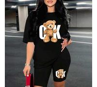 Shein 2 piezas/Conjunto camiseta de manga corta holgada con estampado de oso y pantalones de ciclismo ajustados con estampado de oso, informal y de verano