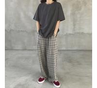 Shein 2 piezas Conjunto casual de verano para mujer: Camiseta básica gris y pantalones largos a cuadros - Conjuntos de ropa de estar en casa para mujer