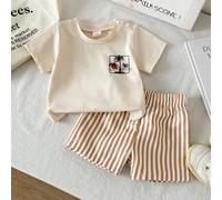 Shein 2 piezas Conjunto de 2 piezas para bebé recién nacido niño, Top de manga corta con estampado de árbol de coco beige con pantalones cortos a rayas, Con