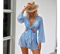 Shein 2 piezas Conjunto de batas de playa para mujer, camisa y pantalones cortos estampados a rayas de malla para traje de baño, para citas al aire libre, f