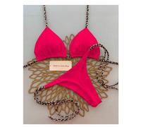 Shein 2 piezas Conjunto de bikini de mujer con estampado de leopardo, estilo minimalista y sexy con atar en el cuello, para vacaciones, playa y verano