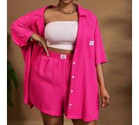 Shein 2 piezas Conjunto de camisa de manga corta y pantalones cortos morados casuales talla grande para mujer, verano, curva plus, conjuntos bohemios de vac