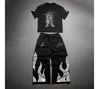Shein 2 piezas Conjunto de camiseta de manga corta de cuello redondo y pantalones con cordón para hombres, Conjunto negro de "Fashionable Now Freedom Soul"