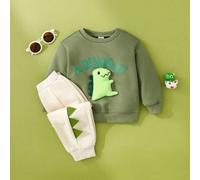 Shein 2 piezas Conjunto de camiseta de manga larga con estampado de dinosaurio de dibujos animados + pantalones casuales para niño bebé, primavera/agosto