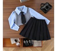 Shein 2 piezas Conjunto de chaleco de punto y camisa de manga larga para niñas con falda plisada a cuadros vintage, conjunto de moda para uso casual, escola