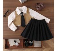 Shein 2 piezas Conjunto de chaleco de punto y camisa de manga larga para niñas con falda plisada a cuadros vintage, conjunto de moda para uso casual, escola