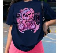 Shein 2 piezas Conjunto de estilo callejero para adolescentes, camiseta gráfica oversize con oso roto y shorts de ciclista, estampado de letras de grafiti,