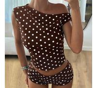 Shein 2 piezas Conjunto de festival de música country vintage de los años 2000, blusa linda con volante asimétrico en el hombro y shorts a lunares, estética