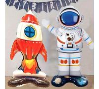Shein 2 piezas Conjunto de globos de explorador espacial - Globos de lámina de astronauta y cohete inflables con base, adecuados para fiestas de cumpleaños