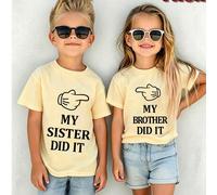Shein 2 piezas Conjunto de hermanos para niña preadolescente y niño preadolescente "MI HERMANA LO HIZO" "MI HERMANO LO HIZO" Camiseta de manga corta con cue