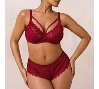 Shein 2 piezas Conjunto de lencería de talla grande con encaje y parches de unicolor, sujetador con aros y braga, conjunto de lencería roja, conjunto de len