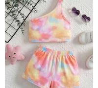 Shein 2 piezas Conjunto de niña bebé con blusa de cuello redondo de manga corta y shorts de cintura elástica, adecuado para el verano