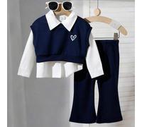 Shein 2 piezas Conjunto de niña bebé con chaleco sin mangas con bordado de corazón y camisa de manga larga a rayas con pantalones acampanados, estilo escola