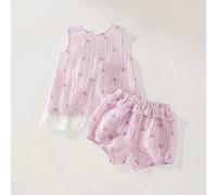 Shein 2 piezas Conjunto de niñas/niños de estilo escolar elegante y casual, con blusa sin mangas suelta y cómoda con gran lazo decorativo y shorts farol, ad