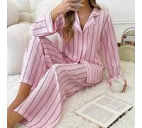 Shein 2 piezas Conjunto de pantalón y blusa de manga larga holgada, cómoda y transpirable con rayas para mujer, atuendo acogedor para otoño e invierno