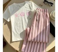 Shein 2 piezas Conjunto de pantalones casuales para mujer - Pantalones a rayas rosas y camiseta con estampado de conchas marinas, Atuendos de vacaciones de